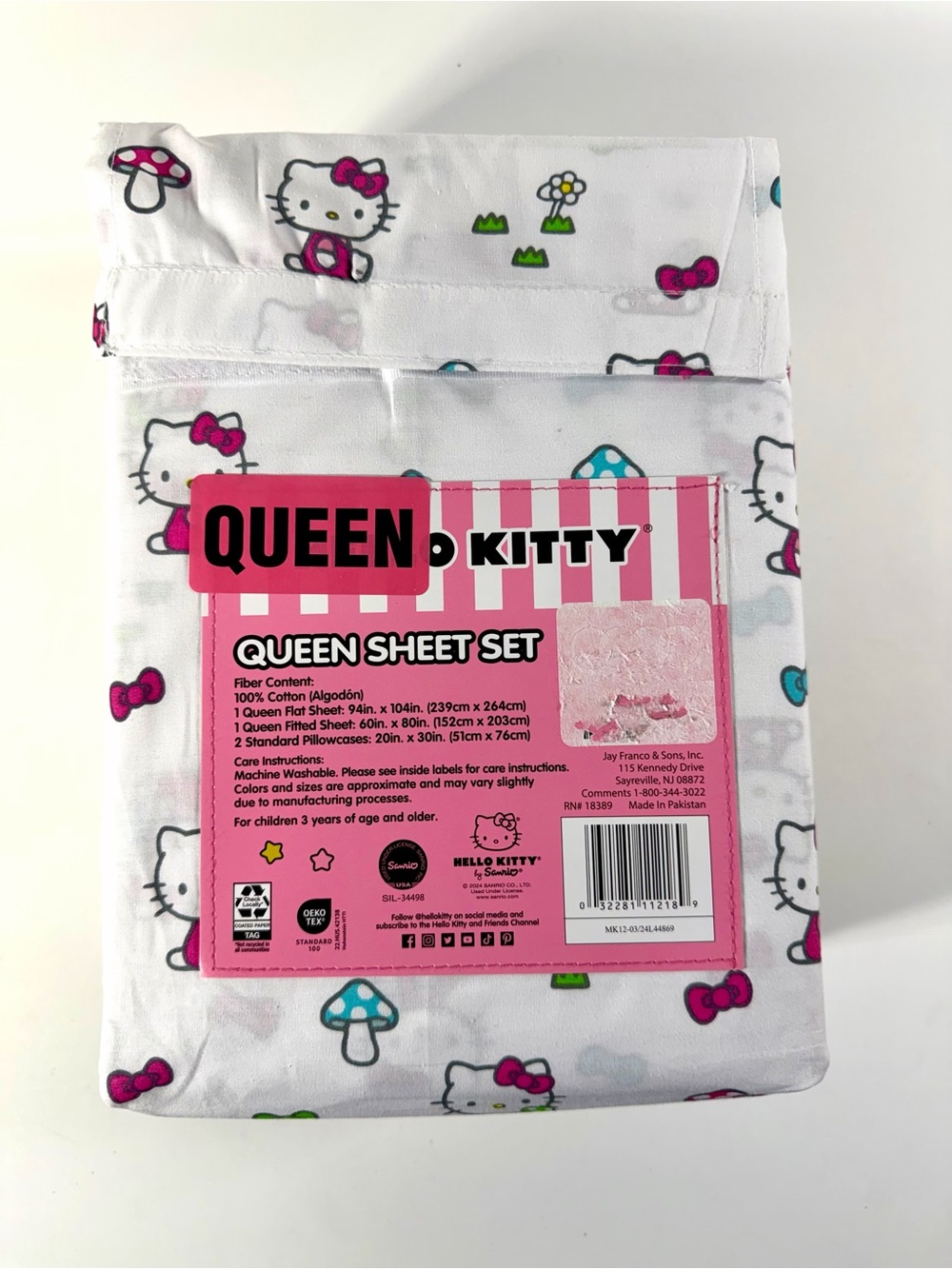 Hello Kitty Mushrooms Bows White Queen Cotton 4 Piece Sheet Set